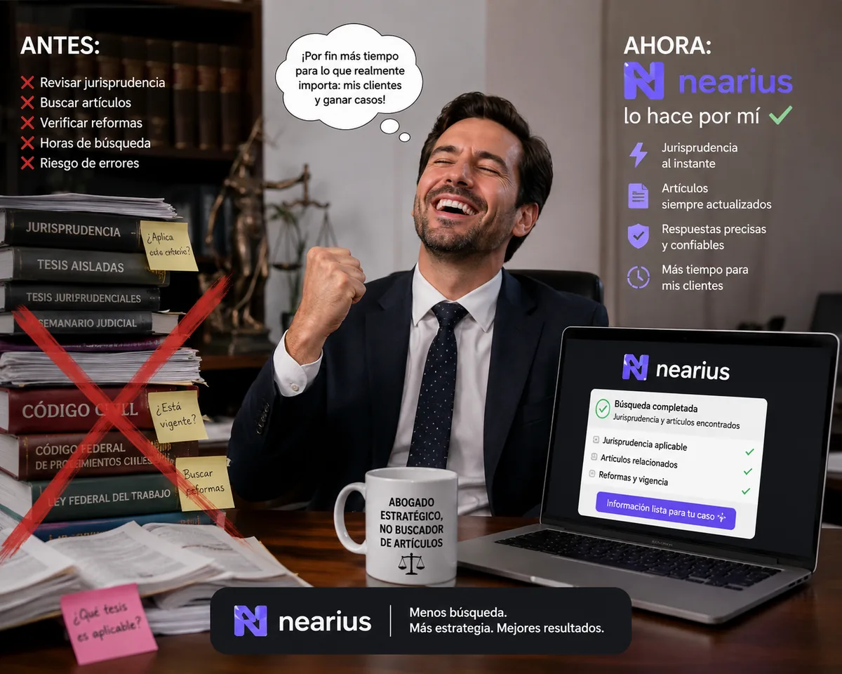 Composicion comparativa antes y despues: a la izquierda, una lista tachada de tareas de comprobacion manual sobre una mesa con expedientes; a la derecha, la interfaz de Nearius resolviendo esas comprobaciones