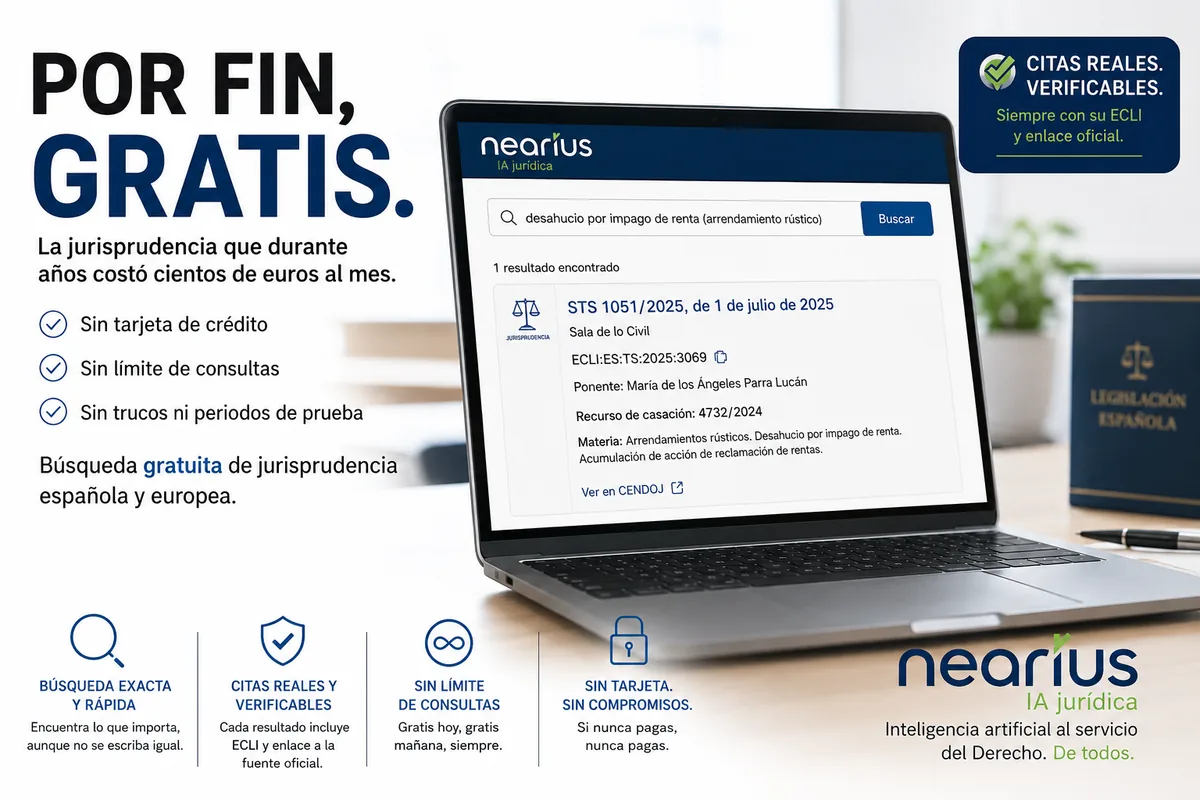 Cartel: Por fin, gratis. Muestra una búsqueda de ejemplo sobre desahucio por impago en arrendamiento rústico que devuelve la STS 1051/2025 con su ECLI y enlace al CENDOJ, y cuatro ventajas: búsqueda exacta, citas verificables, sin límite de consultas y sin tarjeta