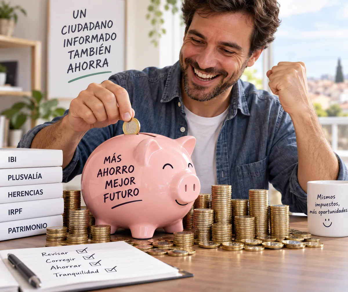 Hombre sonriente mete una moneda en una hucha rodeado de monedas y carpetas de plusvalía, herencia e IBI