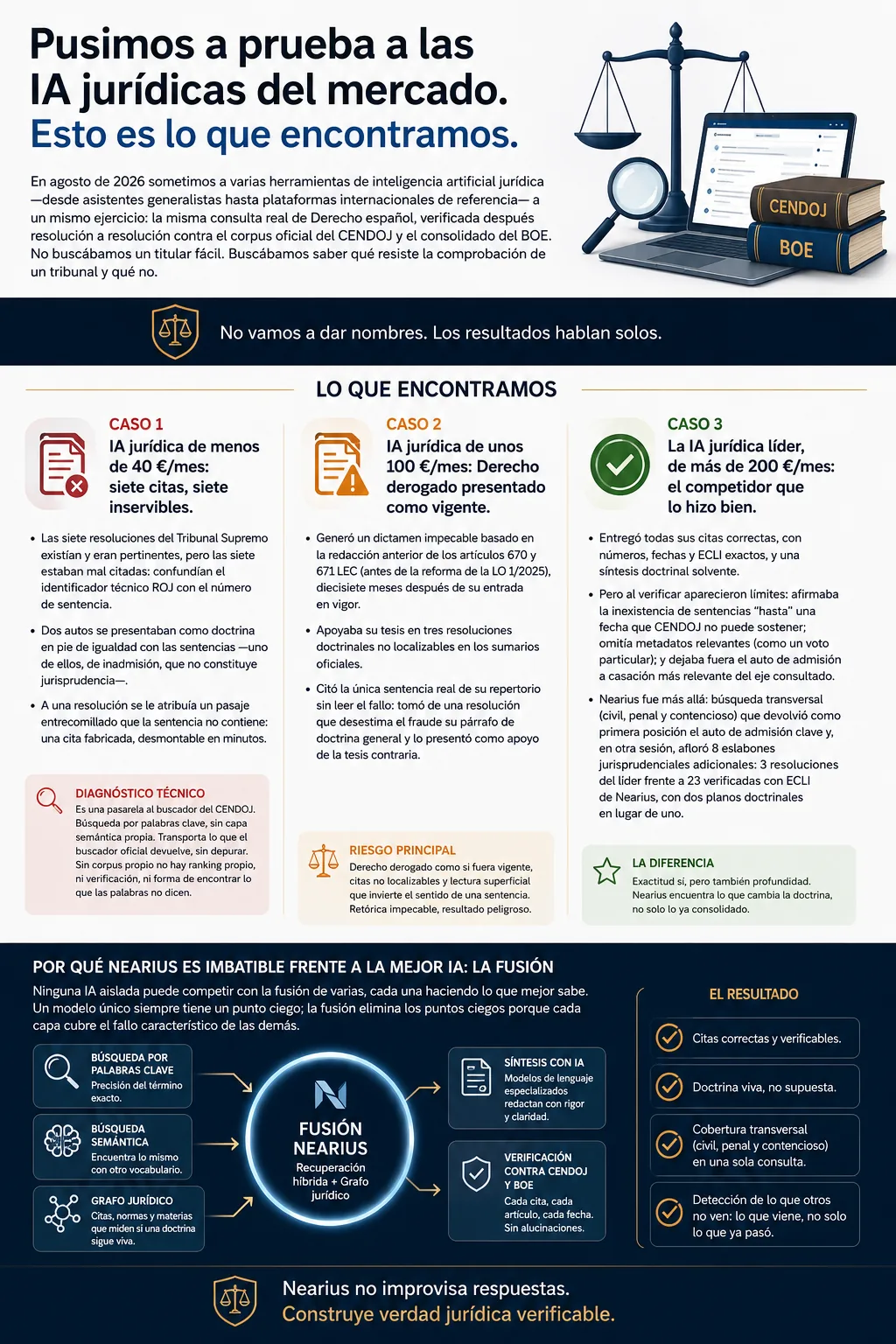 Infografía vertical que resume el análisis: los tres casos evaluados con sus hallazgos, el diagnóstico técnico de cada uno y un diagrama de la fusión de Nearius entre búsqueda por palabras, búsqueda semántica y grafo jurídico